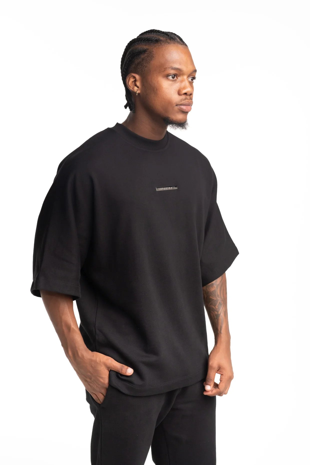Hydraulics Metal Badge Fleece Super Oversized Fit T Shirt Black