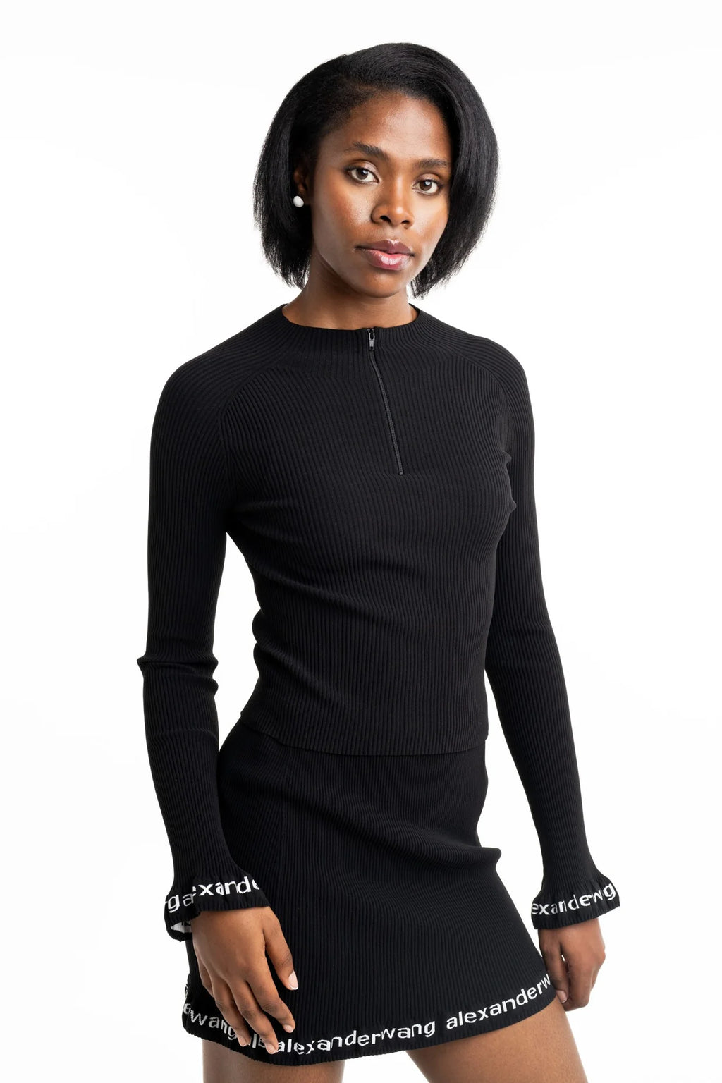 Alexander Wang Ribbed LS Zip Turtleneck Pullover w/Logo Black