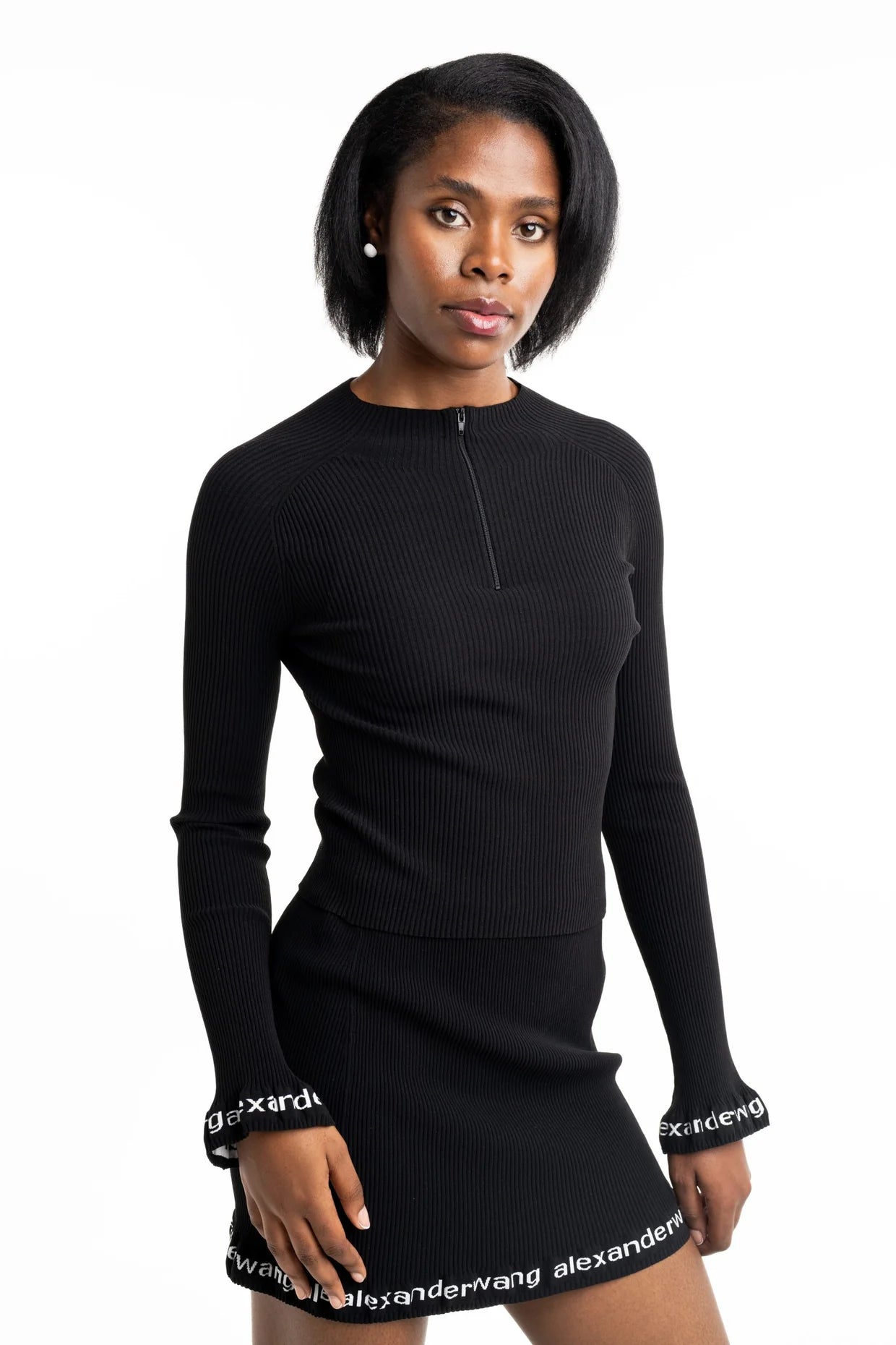 Alexander Wang Ribbed LS Zip Turtleneck Pullover w/Logo Black