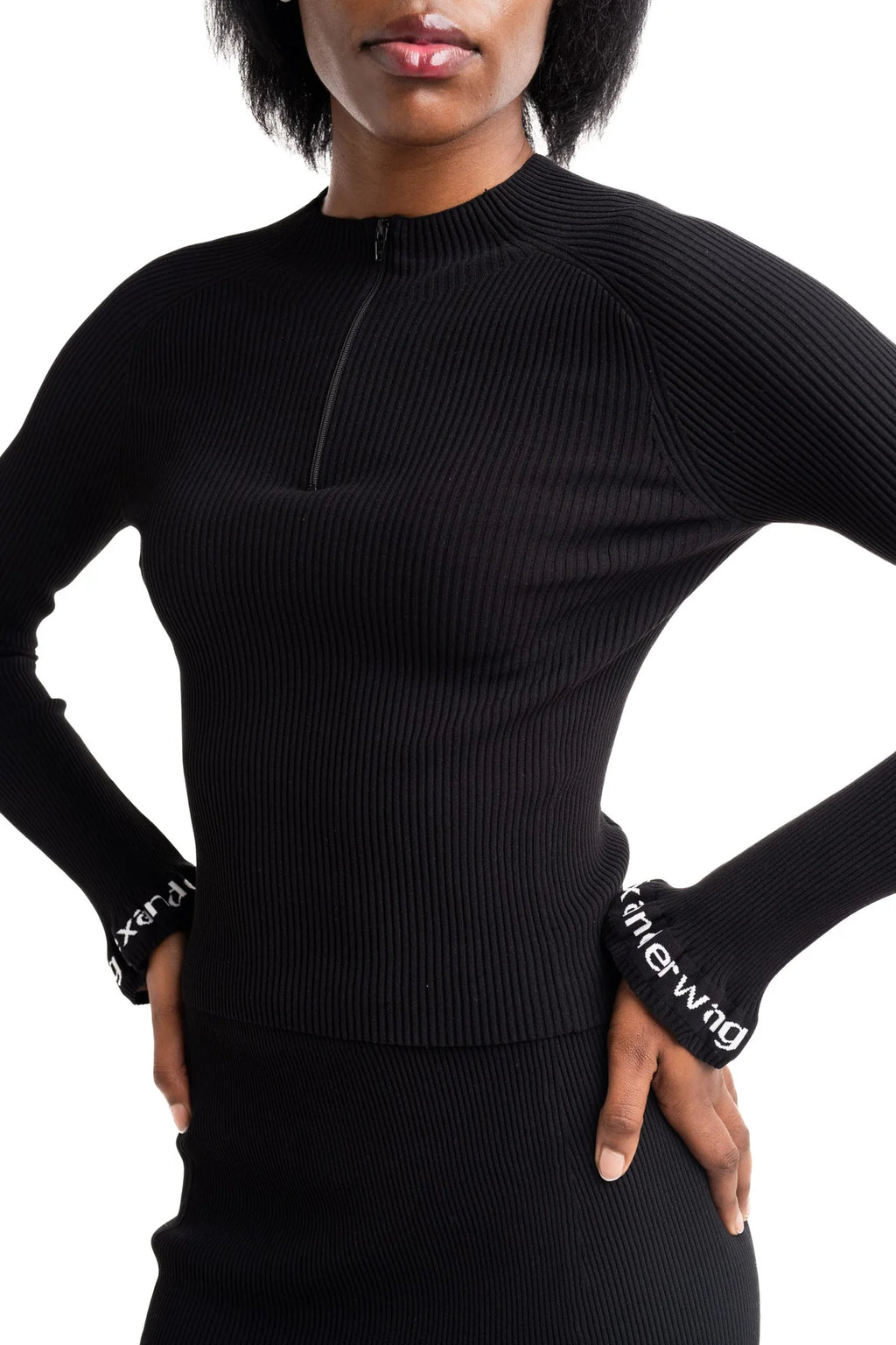 Alexander Wang Ribbed LS Zip Turtleneck Pullover w/Logo Black